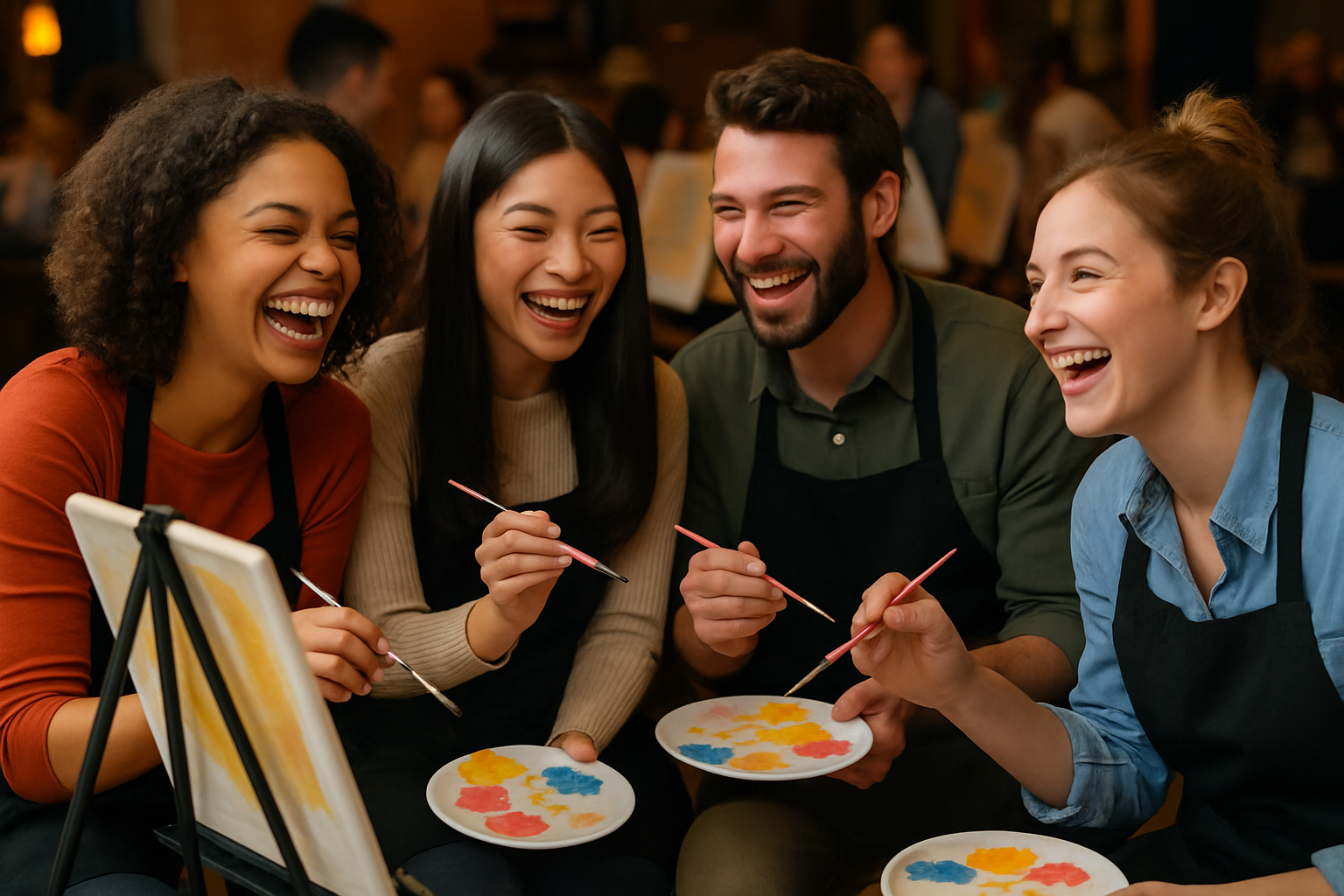 Group of friends laughing and painting at an event